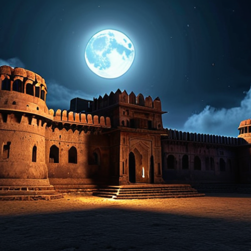 Home 4 **A haunted ancient Indian fort at night.** (Focus on atmosphere, maybe eerie lighting, suggesting ghostly presence.)