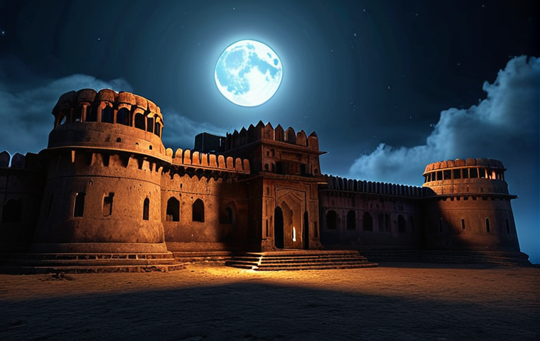 **A haunted ancient Indian fort at night.** (Focus on atmosphere, maybe eerie lighting, suggesting ghostly presence.)